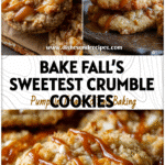 Close-up of caramel apple crumble cookies topped with golden streusel and caramel glaze on a rustic tray.